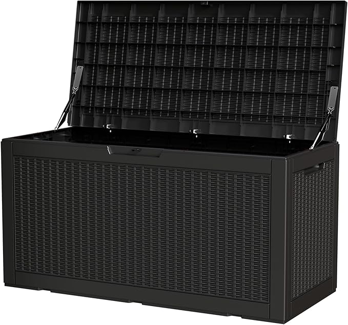 100 Gallon Storage Box, Waterproof Resin Deck Box with Hydraulic Piston Design, Lockable Storage Bench for Package Delivery, Storage Bin for Patio Cushions, Garden Tools, Black-Ruum Studio Home