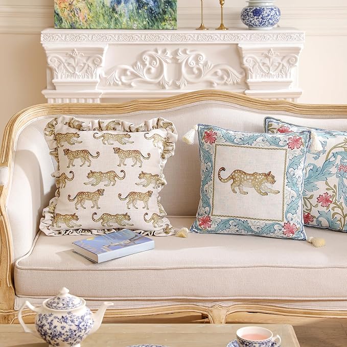 patdrea Designer Throw Pillow Covers for Couch,Vintage French Linen Pillows Cover with Cheetah Pattern and Luxury Pendant,Fall Farmhouse Decorative Pillowcases for Bed Living Room Outdoor Set of 4-Ruum Studio Home