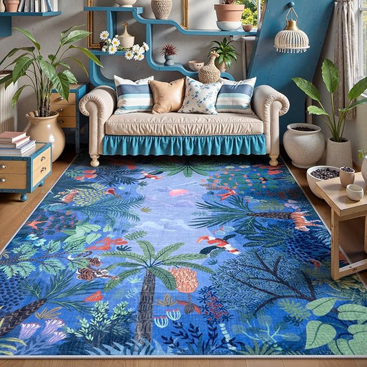 LIVEBOX Washable Jungle Animal Print 5x7 Blue Rug for Living Room, Non-Slip Kids Bedroom Rugs for Boy Playroom Kid Baby Room, Soft Stain Resistant Blue and Green Rug for Nursery Boy Dining-Ruum Studio Home