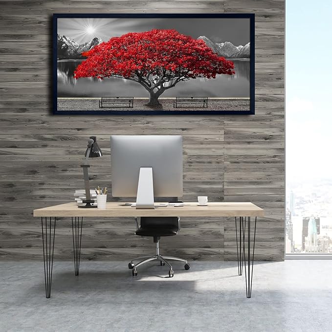 Black and White Red Tree Wall Art Canvas Print Picture Large Red Tree Landscape Modern Artwork for Living Room Bedroom Office Home Wall Decor With Frame 29X58inch Black Framed-Ruum Studio Home