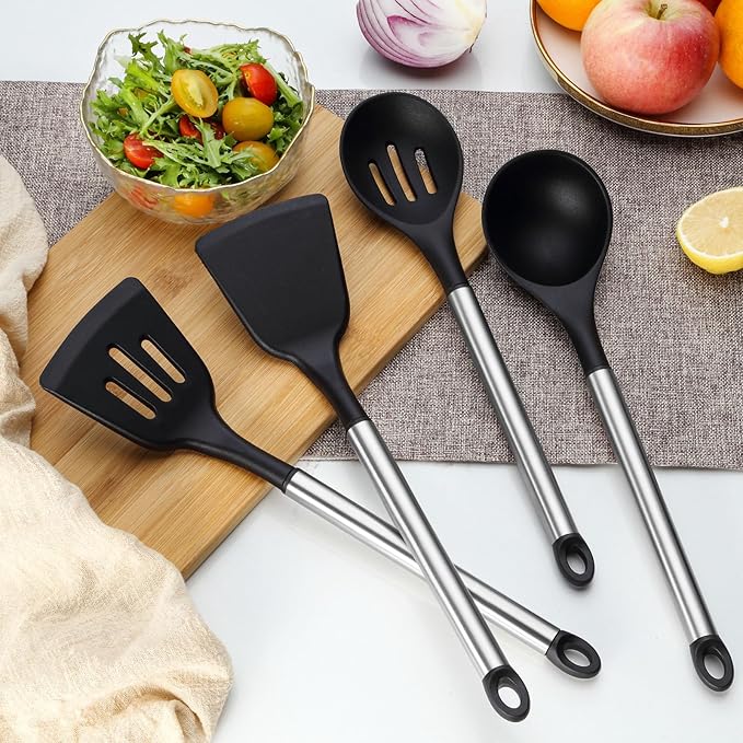 Pleafind 4-Pcs Silicone Cooking Utensils Set, Wok Utensils Set Include Wok Ladle, Slotted Spoon, Solid Spatula and Slotted Spatula, Silicone and Stainless Steel Kitchen Utensils, Dishwasher Safe-Ruum Studio Home