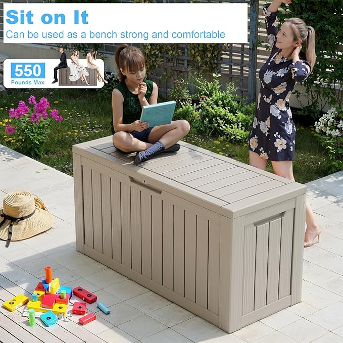 Vixzen 80 Gallon Resin Deck Box, Lockable Outdoor Storage Box for Patio Cushions Storage Furniture,Garden Tools, Pool Supplies, Weatherproof and UV Resistant- Grey-Ruum Studio Home