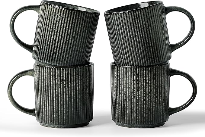 famiware Coffee Mug Set for 4, Star 12 oz Catering Mugs Cup Set with Handle for Coffee, Tea, Cocoa, Milk - Ceramic Stoneware Drinkware Set, Deep Forest-Ruum Studio Home