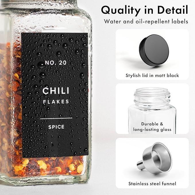 Glass Spice Jars with Label and Stainless Steel Lids (24 x 4oz) Spice Containers with 240 Labels, Shaker Inserts, Steel Funnel, Empty Square Empty Square Seasoning Organizer (Black)-Ruum Studio Home