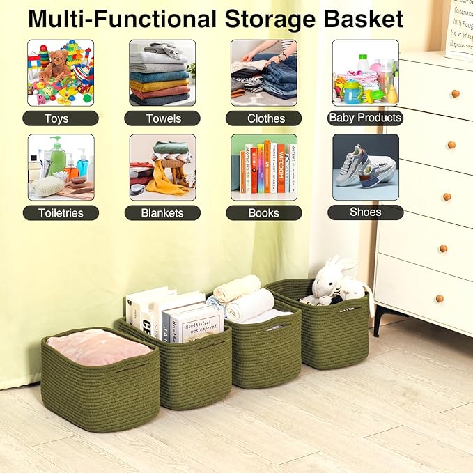 Storage Basket for Shelves, Small Baskets for Organizing, Woven Cotton Rope Baskets for Storage, Book Basket, Decorative Shelf Basket, 12.5"Lx9.1''Wx7.9''H (4 Packs) Green-Ruum Studio Home