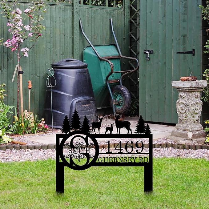 Personalized Deer Custom Garden Address Sign with Metal Stake, Housewarming Gift, Outside Camping Decor-Ruum Studio Home