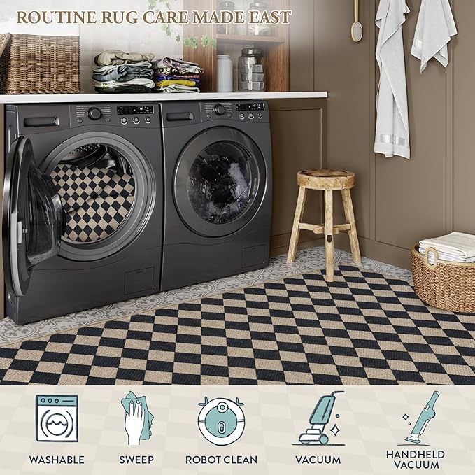 Lahome Checkered Dining Living Room Rug, 5x7 Washable Indoor Outdoor Easy Jute Rug, Farmhouse Neutral Diamond Non Slip Non Shedding Floor Carpet for Sunroom Deck Classroom Office-Ruum Studio Home