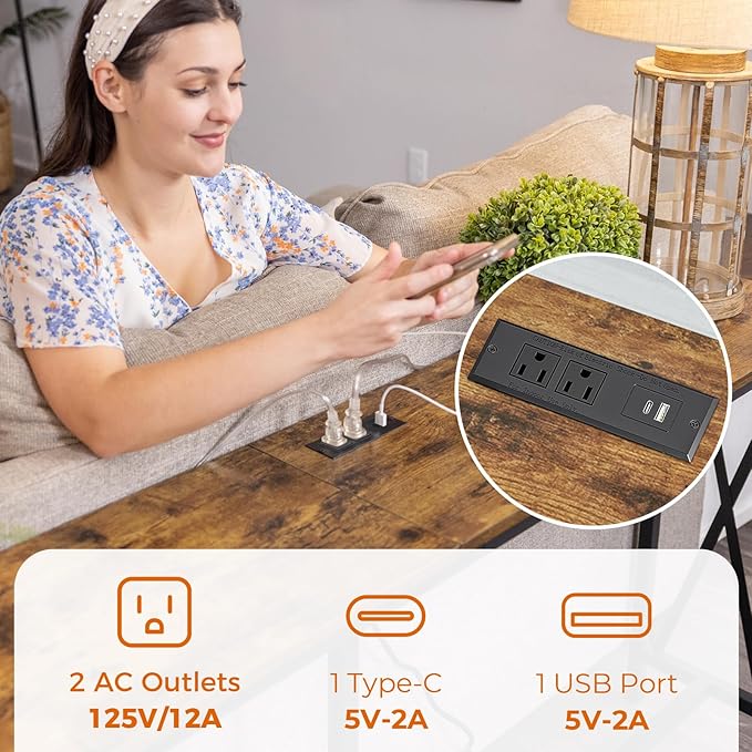 SUPERJARE 70 Inch Console Table with Outlets and USB-C Port, Extra Long Behind Couch Sofa Table with X-Shaped Design, Narrow for Entryway, Living Room, Metal Frame, Wooden Top, Rustic Brown-Ruum Studio Home