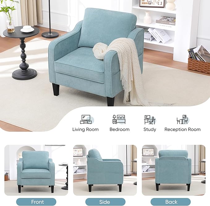 Accent Chairs Set of 2, Upholstered Living Room Chairs with Side Pockets, Mid Century Modern Reading Chair for Bedroom, Comfy Armchair Single Sofa Side Chair for Office, Small Room, Teal Green-Ruum Studio Home