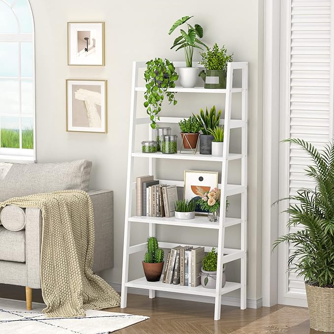 Homykic Bamboo White Bookshelf 4-Tier Ladder Shelf, 49.2” Freestanding Open Bookcase Book Shelf Bathroom Storage Shelf Unit Plant Stand for Small Space, Bedroom, Living Room, Home Office-Ruum Studio Home