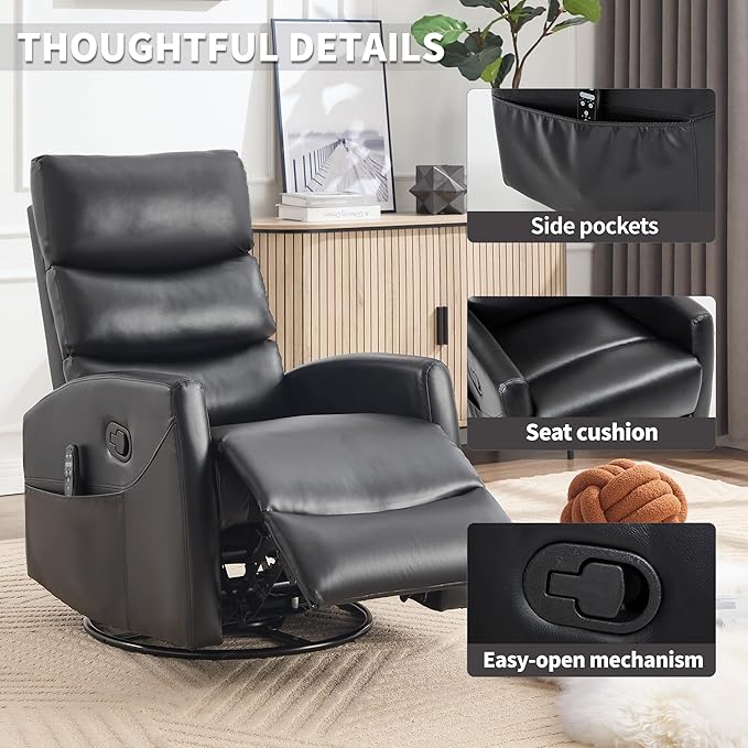 Manual Swivel Rocker Recliner Chair for Adults, Overstuffed Reclining Glider Chair for Nursing with Vibration Massage & Heat, Living Room Rocking Recliner 3-Stage backrest, Faux Leather Black-Ruum Studio Home