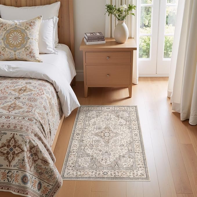 Washable Area Rugs for Living Room -2x3 Neutral Vintage Distressed Floral Farmhouse Boho Large Soft Floor Rug Indoor Non Slip Carpet for Bedroom Dining Room Office - Brown/Multi-Ruum Studio Home