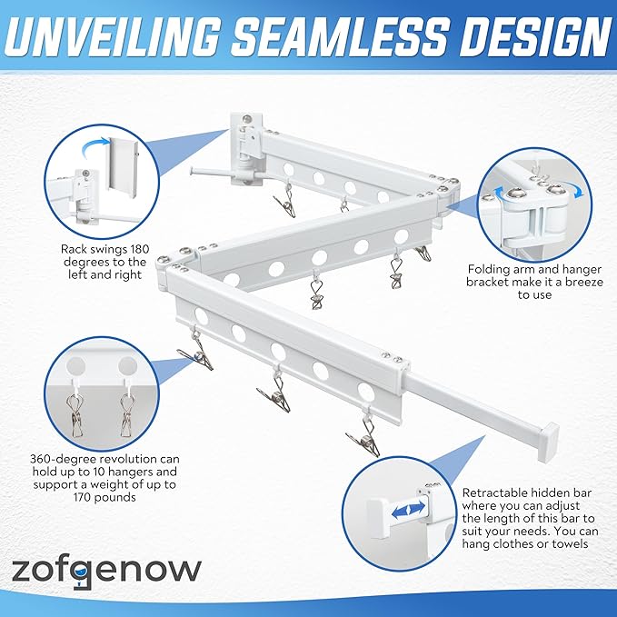 Clothes Drying Rack Wall Mounted, Retractable Space-Saving Foldable Laundry Drying Rack for Indoor & Outdoor Use - Laundry Rooms, Bathroom & Balconies,Includes 10 Clothespins(White)-Ruum Studio Home