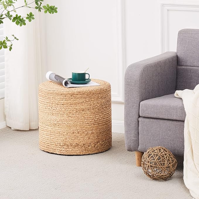 Wimarsbon 18'' Ottoman Pouf, Natural Braided Poof, Rustic Handweave Lounge Pouffe, Boho Footrest Stool for Bedroom, Accent Table or Seat for Living Room (Natural-LD)-Ruum Studio Home