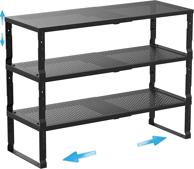 Expandable Spice Rack Kitchen Cabinet Shelf Organizer, Stackable Storage Shelves Racks, Adjustable Counter Shelving for Cabinets, Countertop, Cupboard,Pantry and More(3Packs/Black/Medium)-Ruum Studio Home
