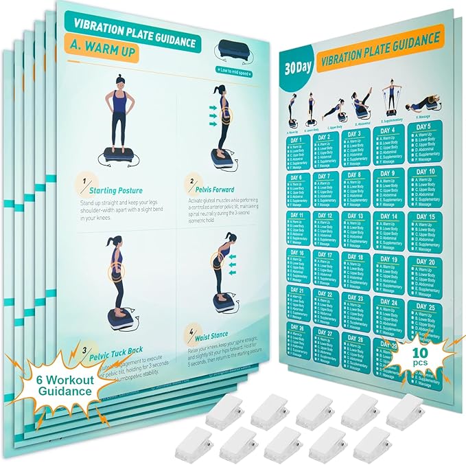 Vibration Plate Exercise Machine Poster - Upgraded 6 Workout Guidance & 10 Pcs Planner & 10 Pcs Double-Sided Clips, Comprehensive Whole Body Wave Vibrating Workout Chart, Pink-Ruum Studio Home