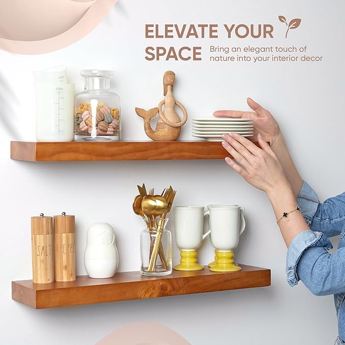 Homeforia 24inch Oak Floating Shelf for Wall, High End Solid Real Wood 24 inches Long Floating Shelves for Bathroom, Honey Oak Wooden Floating Shelves, Heavy Duty Bracket, 24 X 6.5 X 1.75 in, Set of 3-Ruum Studio Home