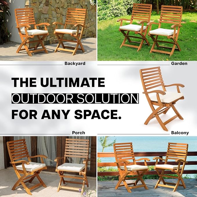 IDZO, Percy Chairs Heavy Duty 400lbs Capacity Set of 2 w/Cushion, FSC Acacia Outdoor Furniture, Teak Finish, Fully Assembled, Wood Folding_Beige-Ruum Studio Home