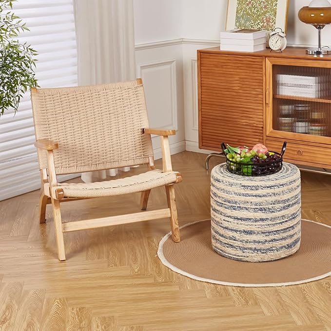 Wimarsbon 18'' Ottoman Pouf, Natural Braided Poof, Rustic Handweave Lounge Pouffe, Boho Footrest Stool for Bedroom, Accent Table for Living Room (Blue Corn Husk)-Ruum Studio Home