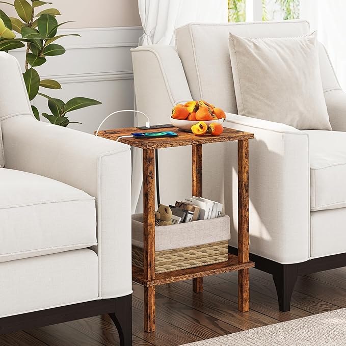 TUTOTAK End Table with Charging Station, Small Side Table with Outlets, Nightstand Bedside Table, 2-Tier Storage Shelf for Small Space, Living Room, Bedroom, Brown TB01BB040C-Ruum Studio Home