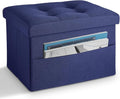 LINMAGCO Storage Ottoman Folding Foot Stool Foot Rest with Side Pocket Modern Ottoman with Storage Short Sofa Stool Linen Cloth 17x13x13(Navy)-Ruum Studio Home