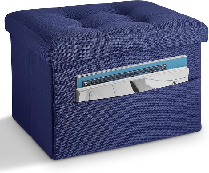 LINMAGCO Storage Ottoman Folding Foot Stool Foot Rest with Side Pocket Modern Ottoman with Storage Short Sofa Stool Linen Cloth 17x13x13(Navy)-Ruum Studio Home