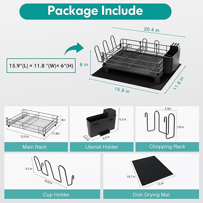 Black Stainless Steel Dish Drainers Drying Rack for Kitchen Counter with Drainboard Set, Rust Proof Metal, Space Saving, Modern Aesthetic, Compact Plates Strainers with Extra Mat-Ruum Studio Home