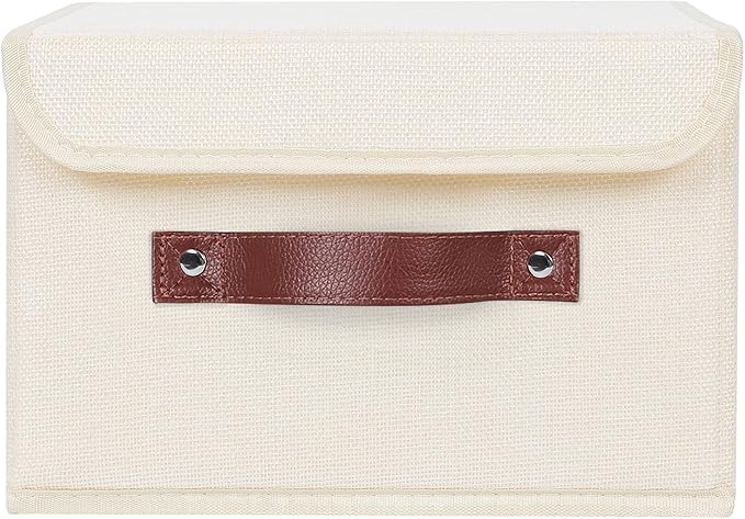 ANMINY 4PCS Storage Bins with Lid PU Leather Handles Storage Boxes PP Plastic Board Decorative Foldable Lidded Cotton Linen Fabric Home Cubes Baskets Closet Organizer Containers - Beige, Small Size-Ruum Studio Home