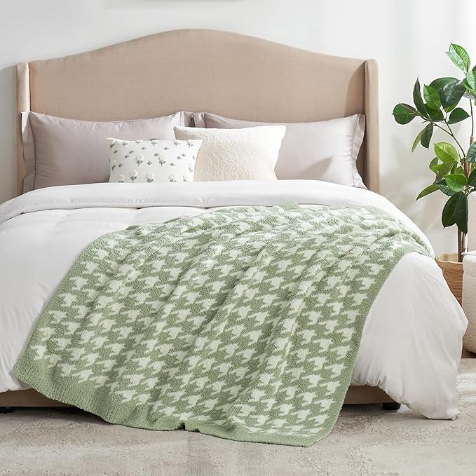 Snuggle Sac Houndstooth Throw Blanket for Couch, Reversible Super Soft Warm Blankets Cozy Knit Fuzzy Plush Lightweight Throws for Sofa, Bed, Camping, Green,50x60 inches-Ruum Studio Home