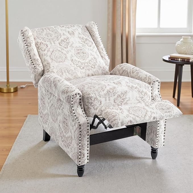 UIXE Recliner Chair, Fabric Upholstered Armchair Pushback Accent Chair for Living Room, Floral Rivet Trim Club Chair Home Theater Single Sofa Reading Seat - Beige Pattern-Ruum Studio Home
