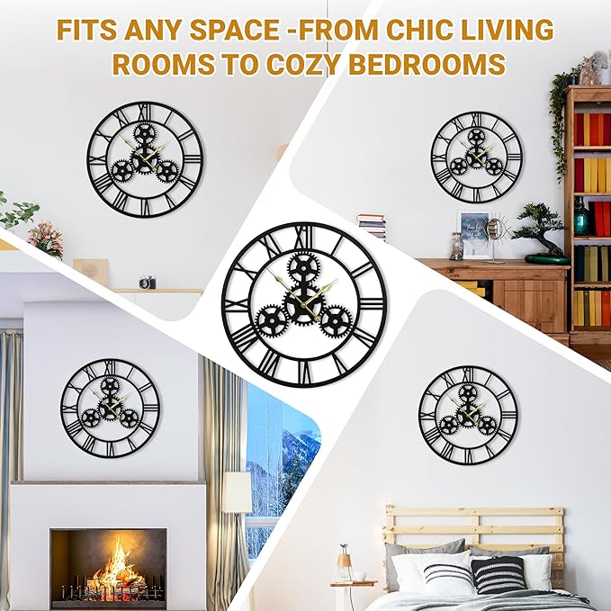 24inches/60cm Wall Clocks for Living Room Deco Non Ticking Silent Battery Operated Metal Modern Vintage Roman Numeral Oversized Gear Wall Clocks for Bedroom Kitchen Fireplace Office Farmhouse-Ruum Studio Home
