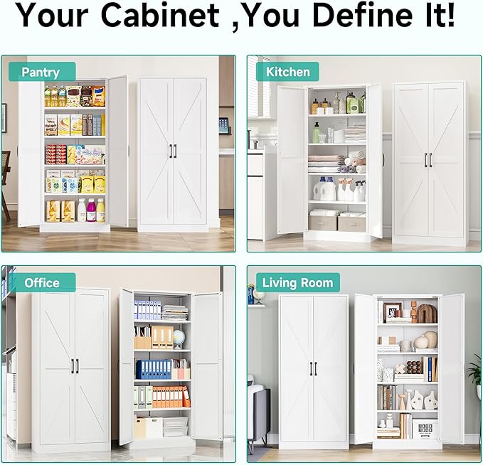 SISESOL Metal Storage Cabinet with 2 Doors and 5 Shelves,61 inch White Pantry Storage Cabinet,Large Farmhouse Pantry Cupboard for Home,Kitchen,Dining/Living Room-Ruum Studio Home