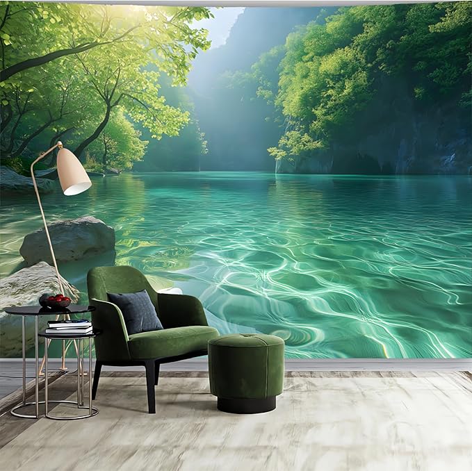 BSFHH Nature Tapestry Forest Tree Sea Cave Wall Hanging, Stream Through Rainforest Landscape Wall Art Tapestry for Bedroom Living room (Lake View, 110" × 87", Unframed)-Ruum Studio Home