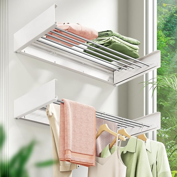 Wall Mounted Clothes Drying Rack 32 inches,Foldbale Laundry Drying Rack Wall Mount,Drying Rack Clothing Space Saver,Retractable,Collapsible,Folding Laundry Rack,White-Ruum Studio Home