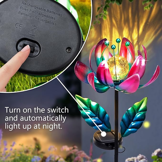 Solar Purple Metal Flower Wind Spinners, Colorful Spinning Windmill Lotus Yard Art Lights Wind Pinwheels with LED Crystal Ball Decorative Stake Lighting Flower Sculpture-Ruum Studio Home