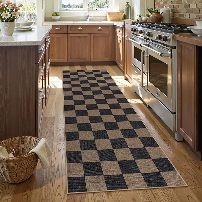 Lahome Checkered Easy Jute 2x8 Runner Rug, Washable Kitchen Runner Rug Non Slip for Entryway Indoor, Checkerboard Black Indoor Outdoor Carpet for Hallway 8ft Entry Laundry Porch-Ruum Studio Home
