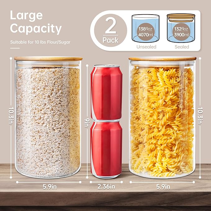 Extra Large Glass Flour and Sugar Storage Containers with Airtight Lids,132 floz x2 [Set of 2] Big Glass Jars with Bamboo Lids, Air Tight Food Storage Jars for Cereal, Pasta, Rice, Coffee-Ruum Studio Home
