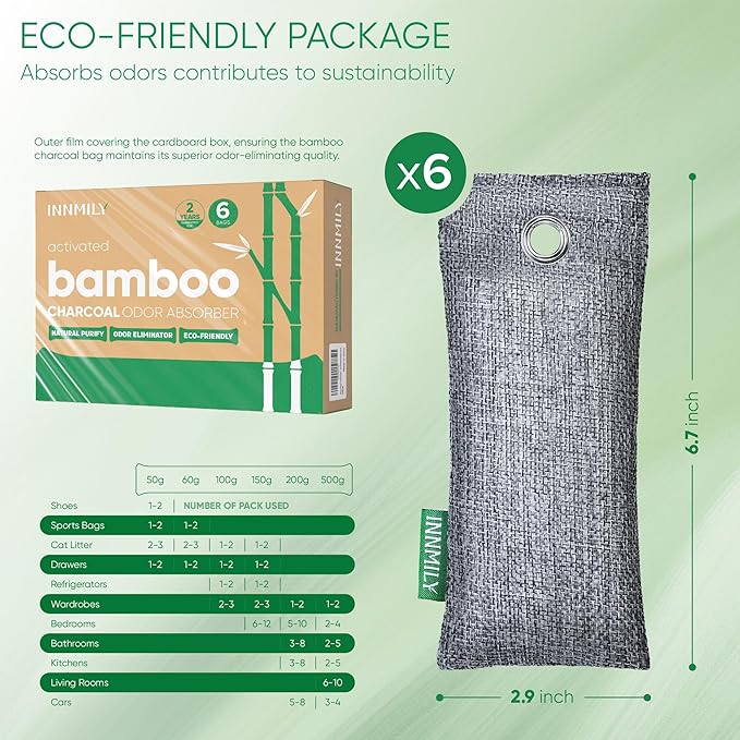 Activated Charcoal Odor Absorber, 6 Pack Natural Shoe Odor Eliminator, Bamboo Charcoal Air Purifying Bags, Sneaker Deodorizer and Moisture Absorbers for Clean Footwear, Shoe Odor Remover-Ruum Studio Home