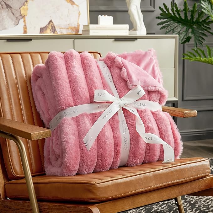 Cozy Bliss Faux Fur Throw Blanket for Couch, Cozy Warm Plush Striped Blanket for Sofa Bedroom Living Room,60 * 80 Inches Hot Pink-Ruum Studio Home