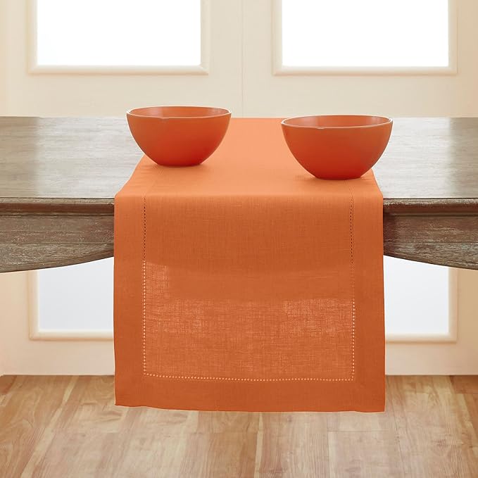 Solino Home Linen Hemstitch Table Runner 108 Inches Long - 100% Pure Linen Pumpkin Table Runner 14 x 108 Inch for Fall, Autumn, Halloween, Thanksgiving - Classic Hemstitch-Ruum Studio Home