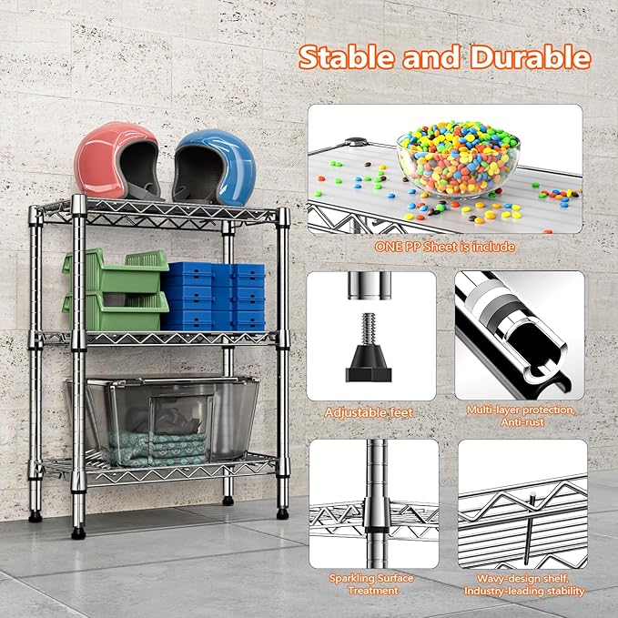 750 lbs 3 Tier Shelf Metal Storage Shelves Wire Rack Closet Organizers with PP Board for Garage Kitchen Bathroom Laundry Chrome 11.8" D x 21.7" W x 28.6" H-Ruum Studio Home
