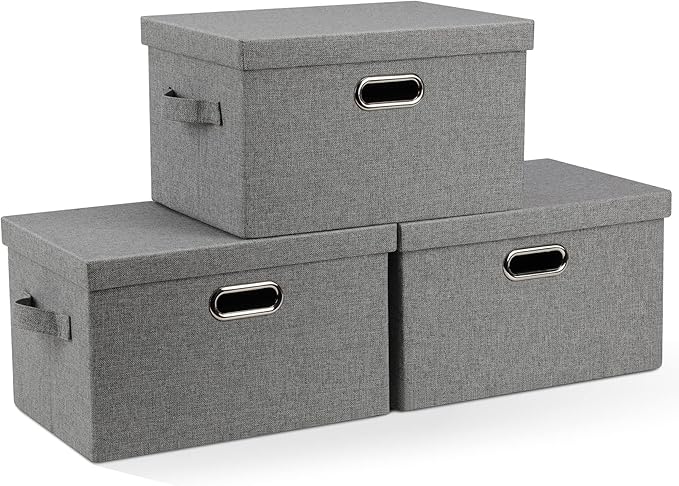 Medium 15" 21 Quart Collapsible Stackable Storage Bins with Lids, 3 Packs Grey Foldable Fabric Closet Boxes Heavy-duty Linen Cube Baskets Container for Bedroom Office (15 x 11 x 8)-Ruum Studio Home