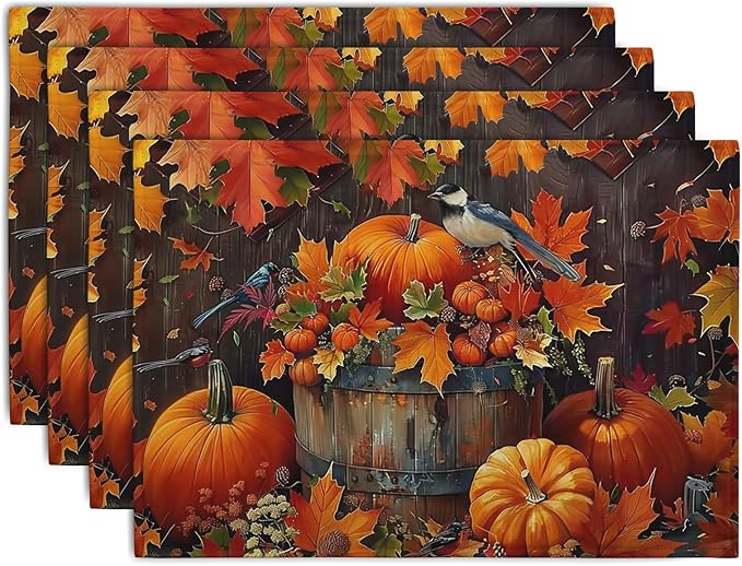 Pumpkin Maple Leaf Bird Fall Placemats Set of 4 Autumn Thanksgiving Seasonal Holiday Harvest Linen Table Mats Orange Brown Washable Place Mats for Party Kitchen Dining Outdoor Indoor Decor-Ruum Studio Home