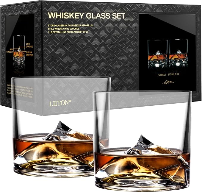 Mount Everest Heavy Crystal Whiskey Glasses Gift Set of 2, Thick Freezable Bourbon Glass 1lb Each, Premium Whiskey Gifts for Men, Frozen Crystal Chills Cocktails, 10 oz-Ruum Studio Home