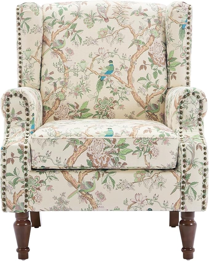 UIXE High Back Floral Accent Chairs Set of 2, Fabric Upholstered Armchair for Living Room, Retro Printed Wingback Arm Chair Rivet Trimed Single Sofa Bedroom Reading Seat - Bird-Ruum Studio Home