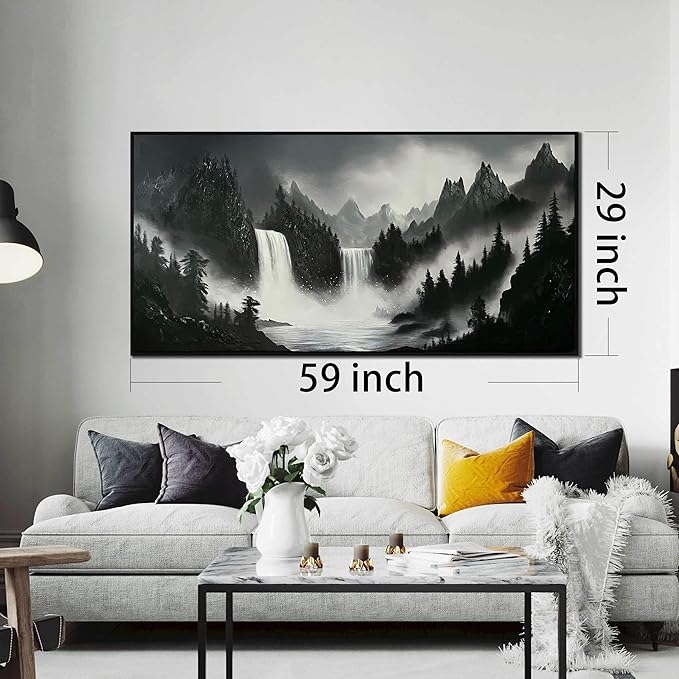 Hand Painted Mountains Painting for Living Room - Waterfall Canvas Wall Art for Office - Large Framed Wall Art Bedroom Size 29" x 59"-Ruum Studio Home