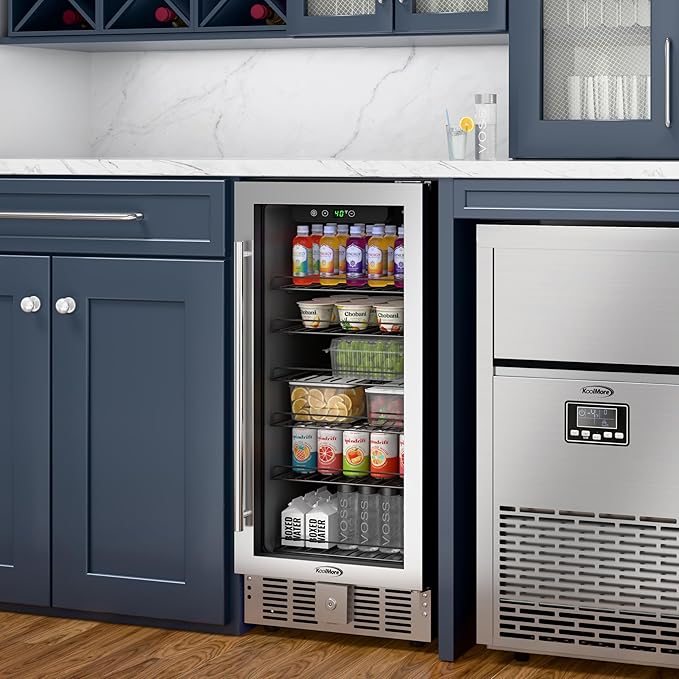 KoolMore 15” Inch Small Built-In Refrigerator and Beverage Cooler for Soda Cans, Beer Cans, Food and Fresh Snacks, 5 Wire Shelves, Adjustable Temperature Range (KM-BIR3C-GD), Stainless Steel-Ruum Studio Home
