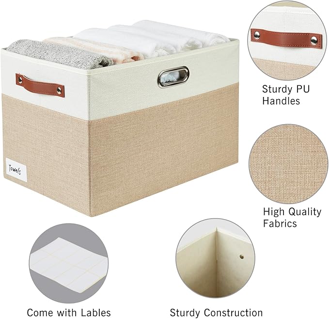 Large Collapsible Fabric Storage Bins with 3 Handles, Foldable Organizer Baskets for Closet, Shelves, Living Room | 3 Pack, Durable PU & Metal Handles (17"x11.8"x11.8", Beige & White)-Ruum Studio Home
