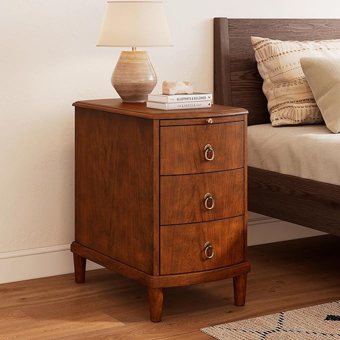 PADMA HOUSE Solid Wood End Table with 3 Drawers, Fully Assembled Nightstand with Sliding Shelf, Pre-Assembled Vintage Wooden Beside Table in Cherry Brown for Small Space,13.4 * 22.4 * 22.6in-Ruum Studio Home