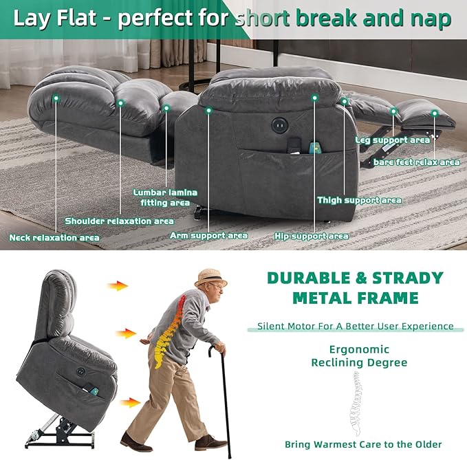 VIVIJASON Large Dual OKIN Motor Lay Flat Sleeper Lift Recliner Chair with Heat & Massage for Elderly, Infinite Position Electric Power Recliner with 2 Remote Controls, Side Pockets & USB Ports, Gray-Ruum Studio Home